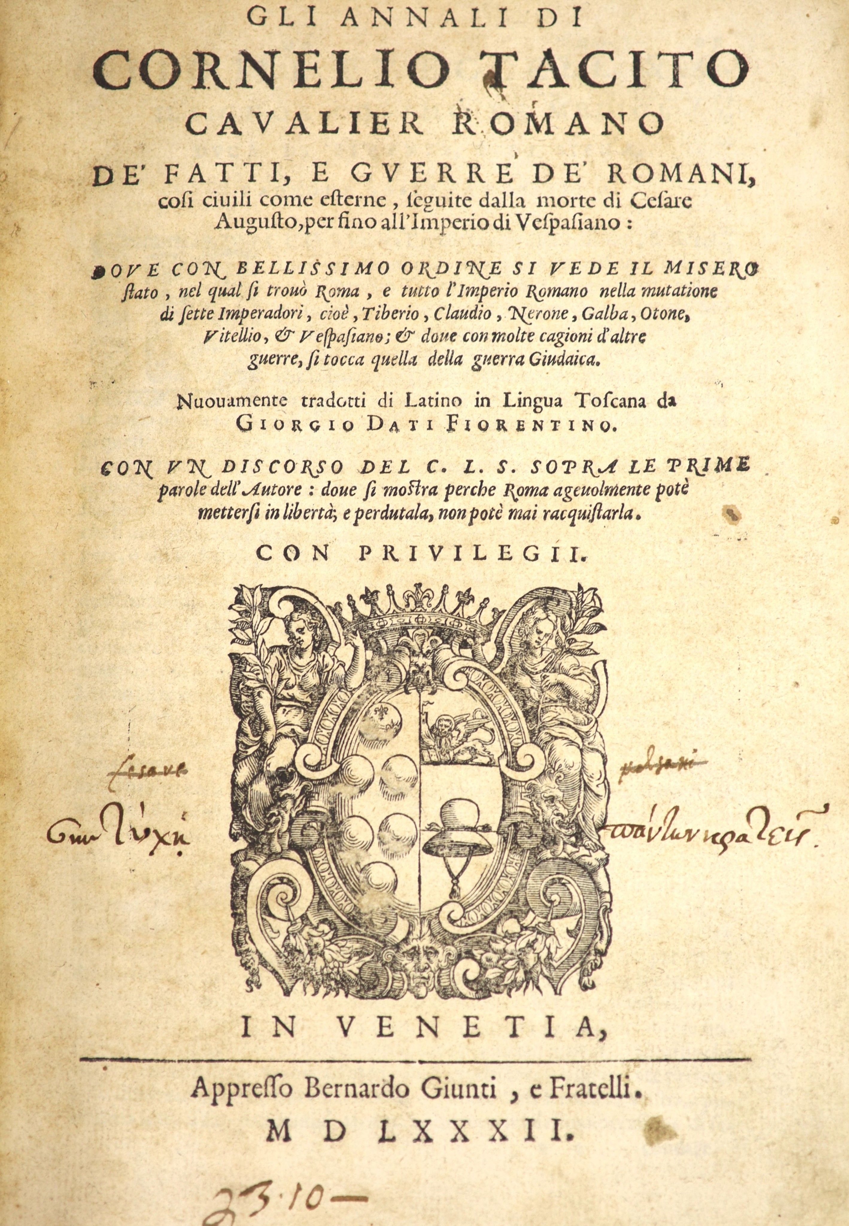 Tacitus. Gli Annali ... de'Fatti, e Guerre de Romani...